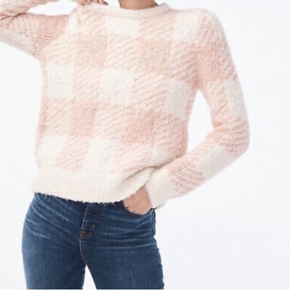 J. CREW Boucle Buffalo Check Plaid Chunky Sweater Pink White Wool Alpaca Size XL - Picture 2 of 16